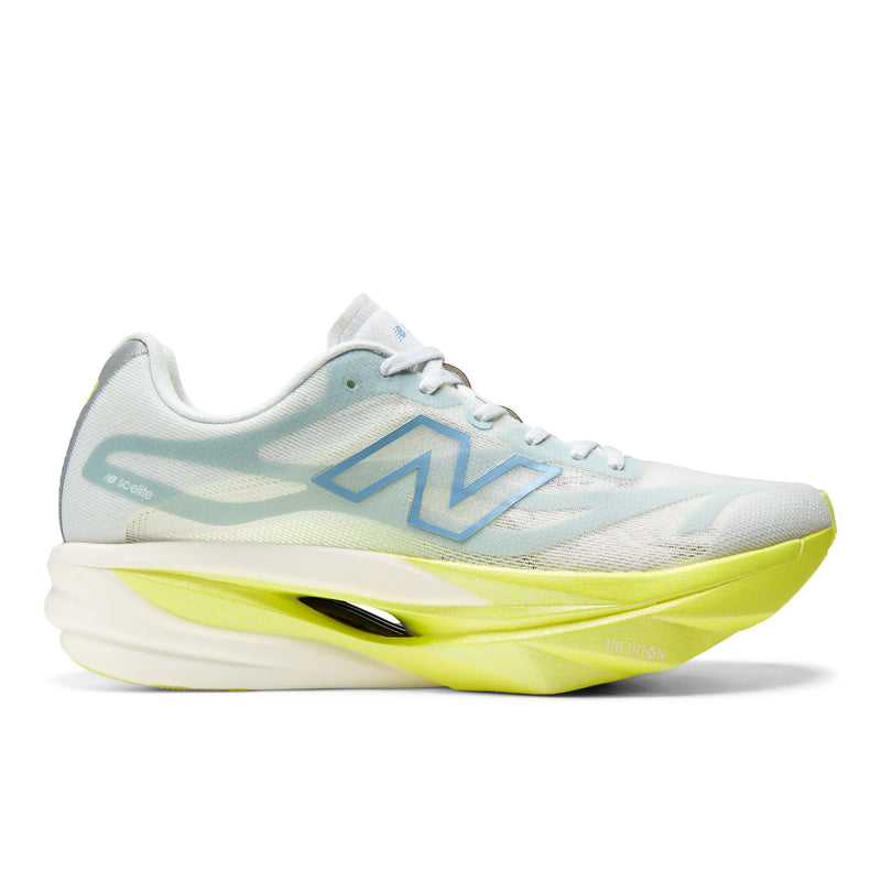 Side view on white background of Womens New Balance SuperComp Elite v6 running shoe in Fresh Air/Alkaline Green, Medium (Regular) width