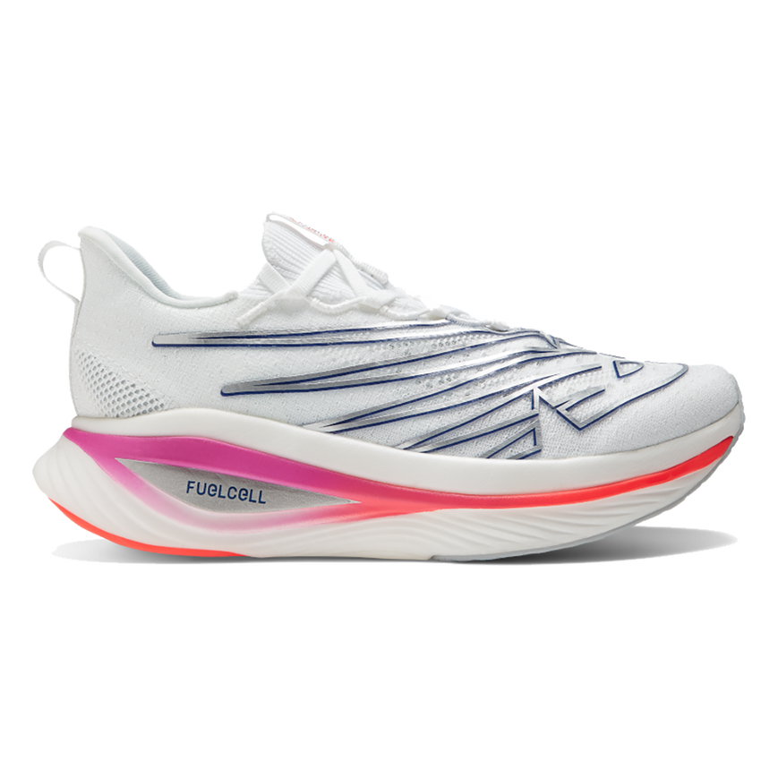 Side view on white background of Womens New Balance FuelCell SuperComp Elite V3 running shoe in White/Victory Blue, Medium (Regular) width