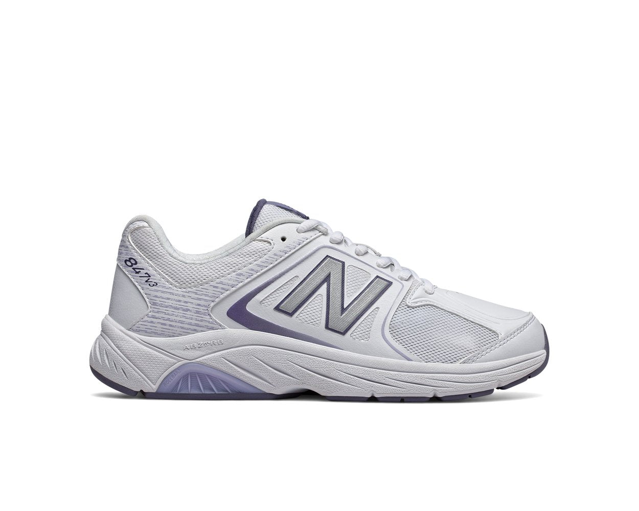 Side view on white background of Womens New Balance 847v3 running shoe in White/Grey, Medium (Regular) width