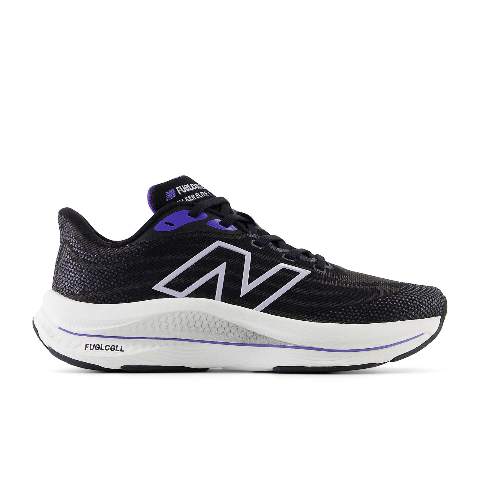 Side view on white background of Womens New Balance FuelCell Walker Elite running shoe in Black/Electric Indigo/Grey Violet, Extra Wide width