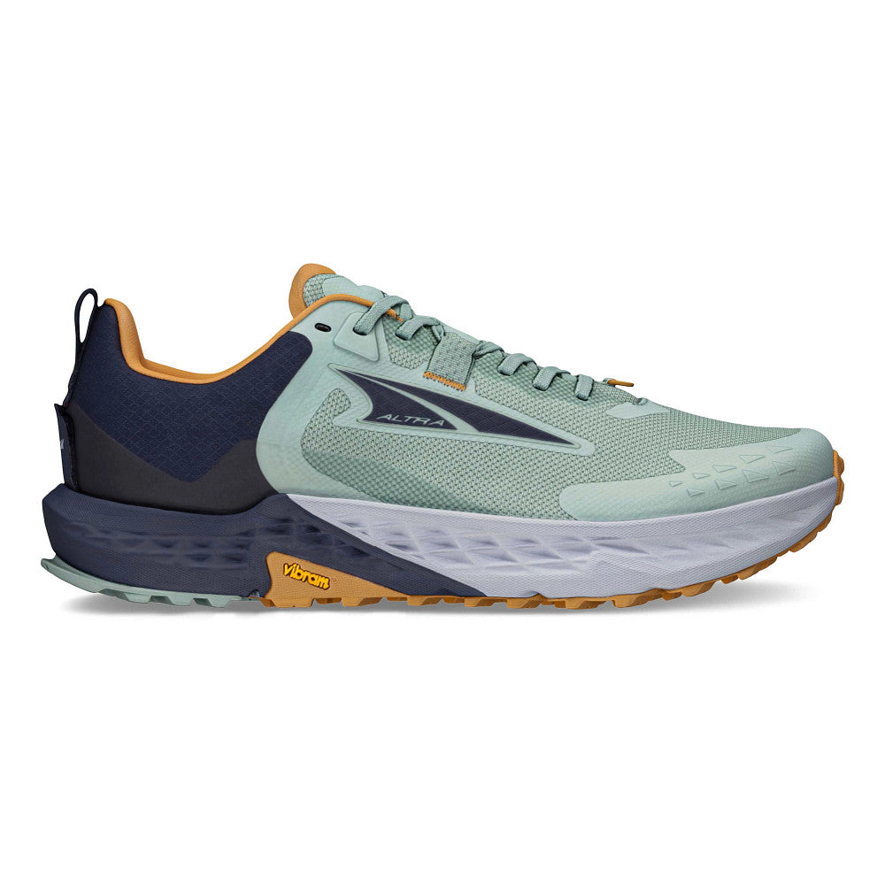 Side view on white background of Mens Altra Timp 5 running shoe in Green/Gray, Medium (Regular) width