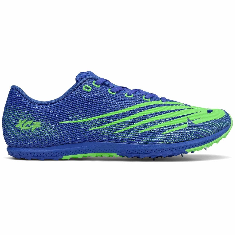 Side view on white background of Mens New Balance XC Seven V3 running shoe in Cobalt/Energy Lime, Medium (Regular) width