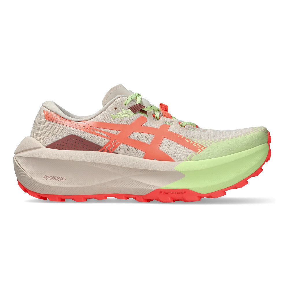 Side view on white background of Womens Asics Trabuco Max 5 running shoe in Rose Dust/Sun Coral, Medium (Regular) width