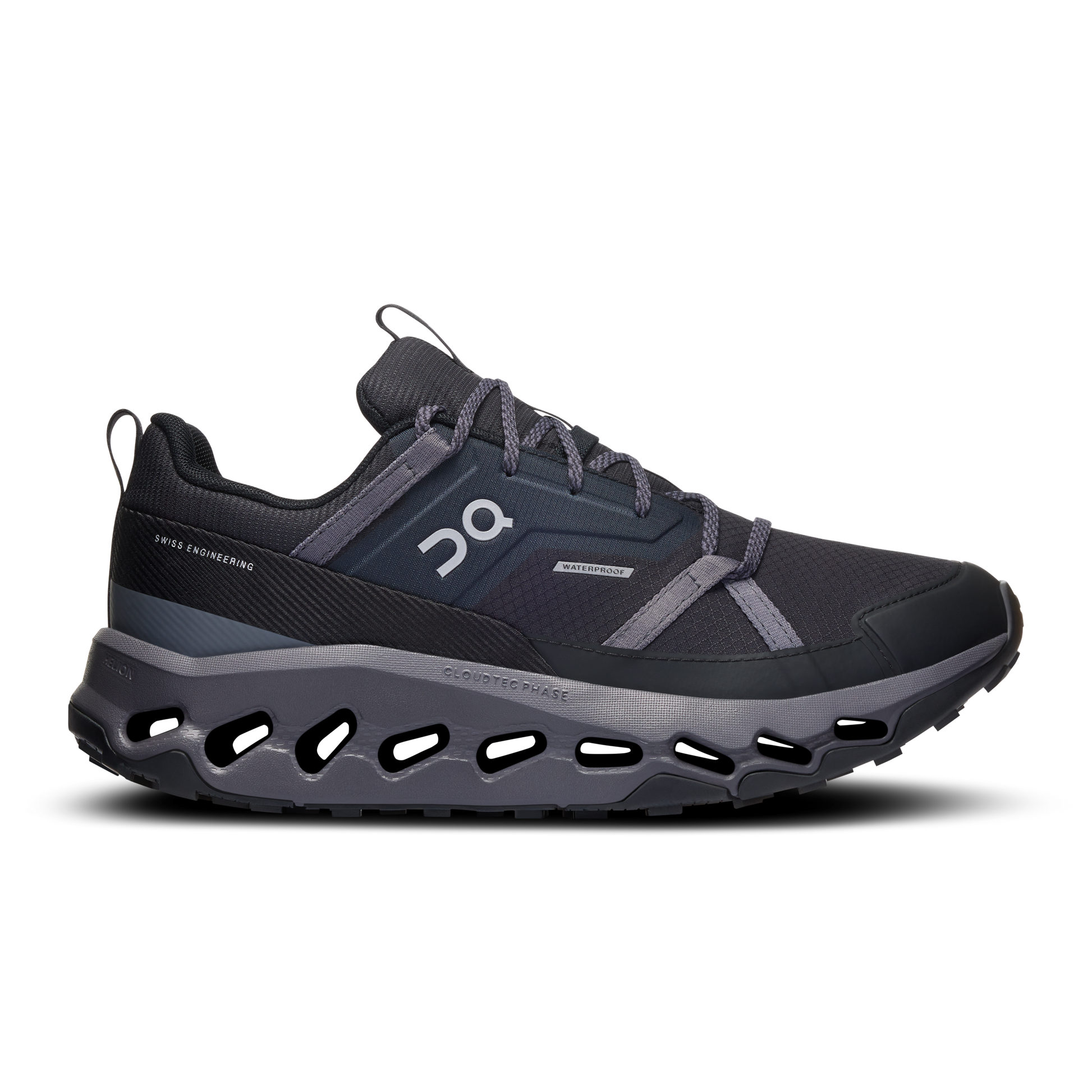 Side view on white background of Womens On Cloudhorizon Waterproof running shoe in Black/Eclipse, Medium (Regular) width