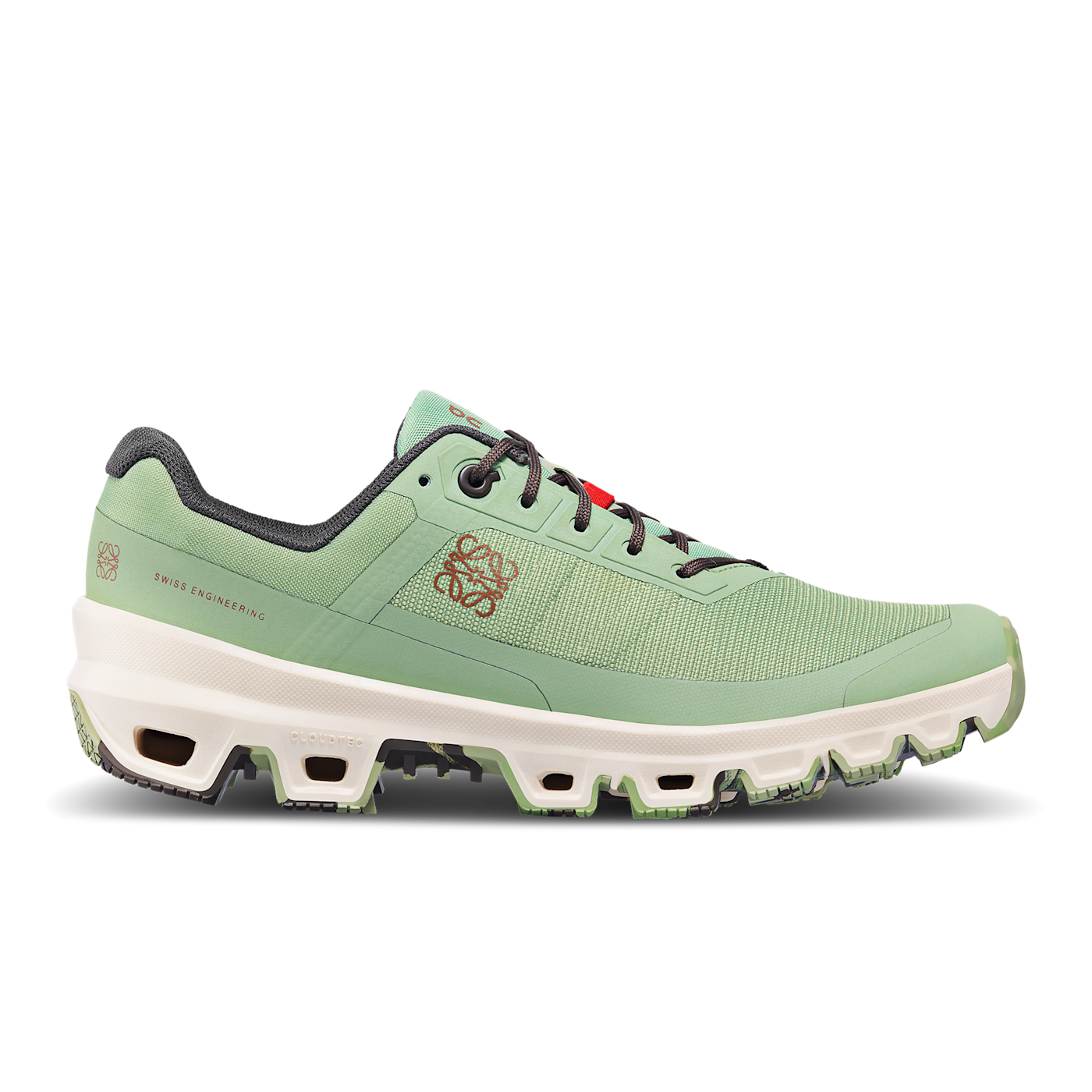 Side view on white background of Womens On Cloudventure LOEWE running shoe in Pale Green, Medium (Regular) width