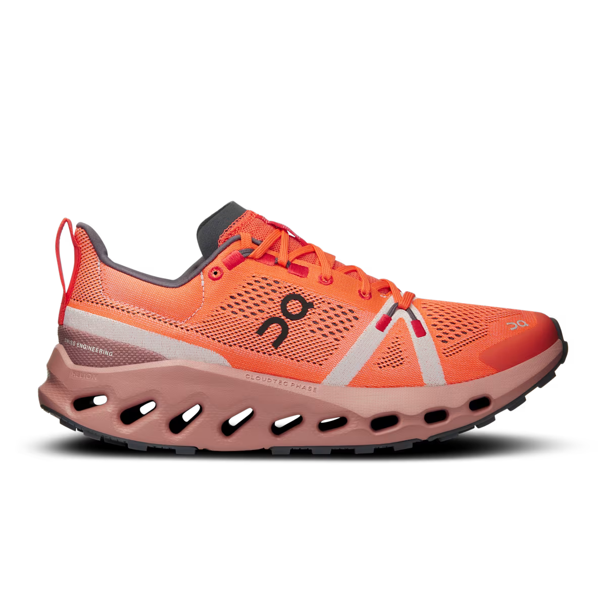 Side view on white background of Womens On Cloudsurfer Trail running shoe in Flame/Dustrose, Medium (Regular) width
