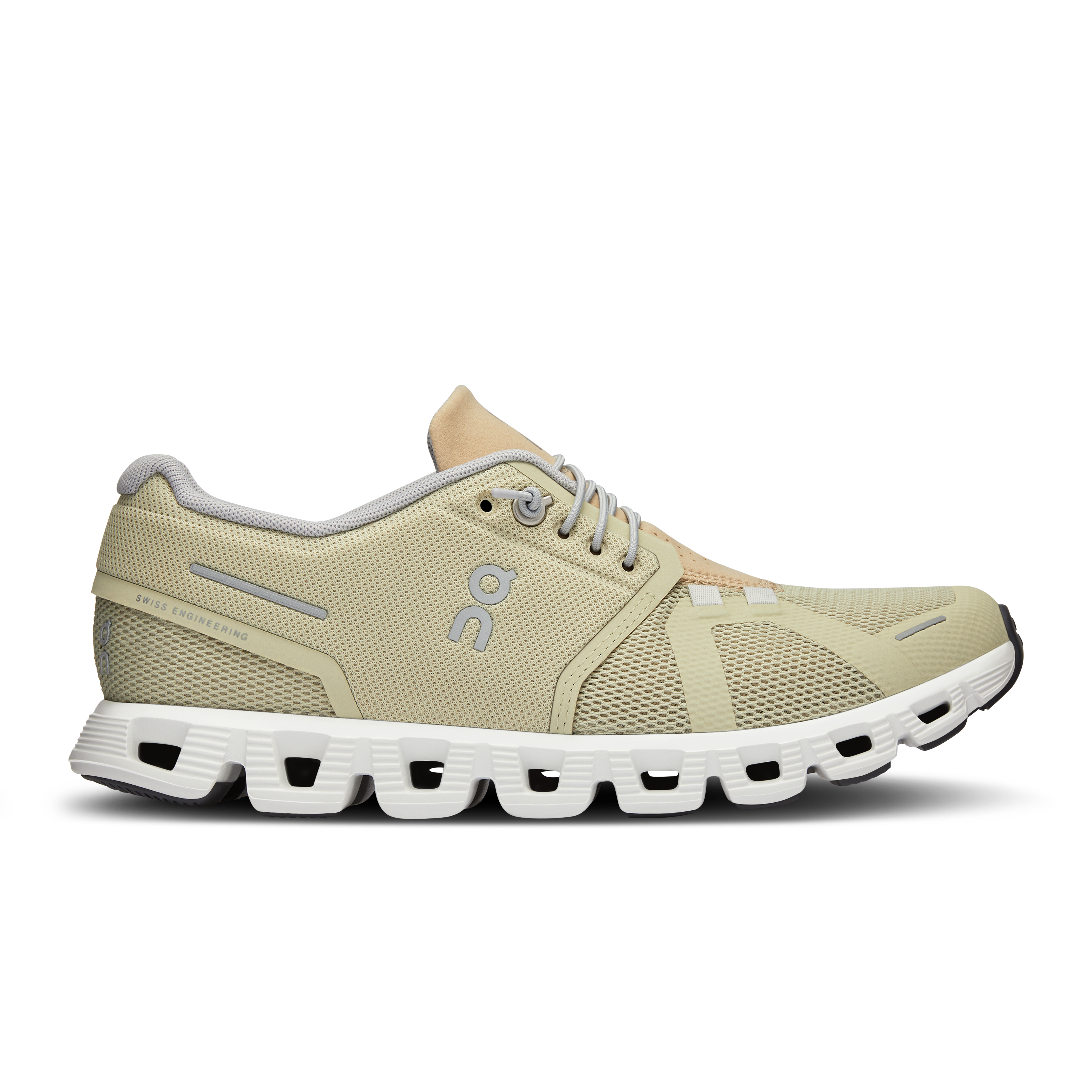 Side view on white background of Womens On Cloud 5 running shoe in Haze/Sand, Medium (Regular) width