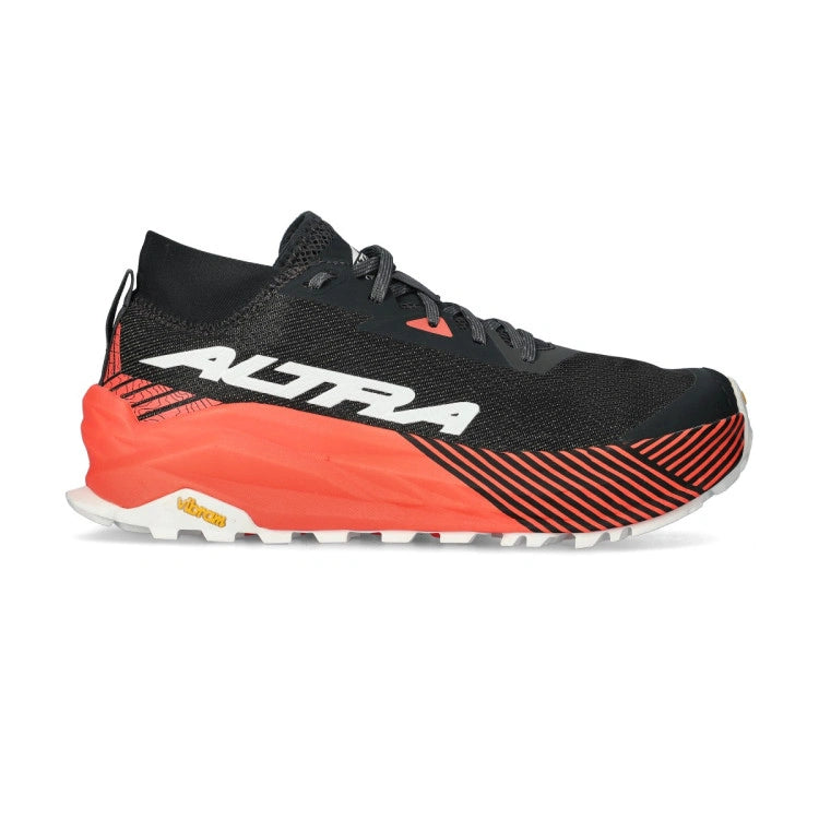 Side view on white background of Mens Altra Olympus 275 running shoe in Coral/Black, Narrow width