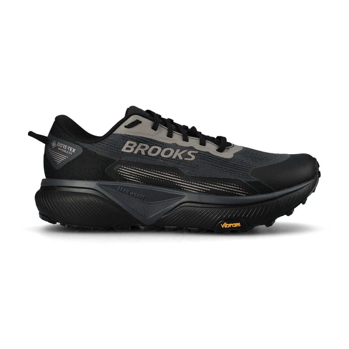 Side view on white background of Mens Brooks Cascadia 20 GTX running shoe in Black/Ebony/Nocturnal, Medium (Regular) width