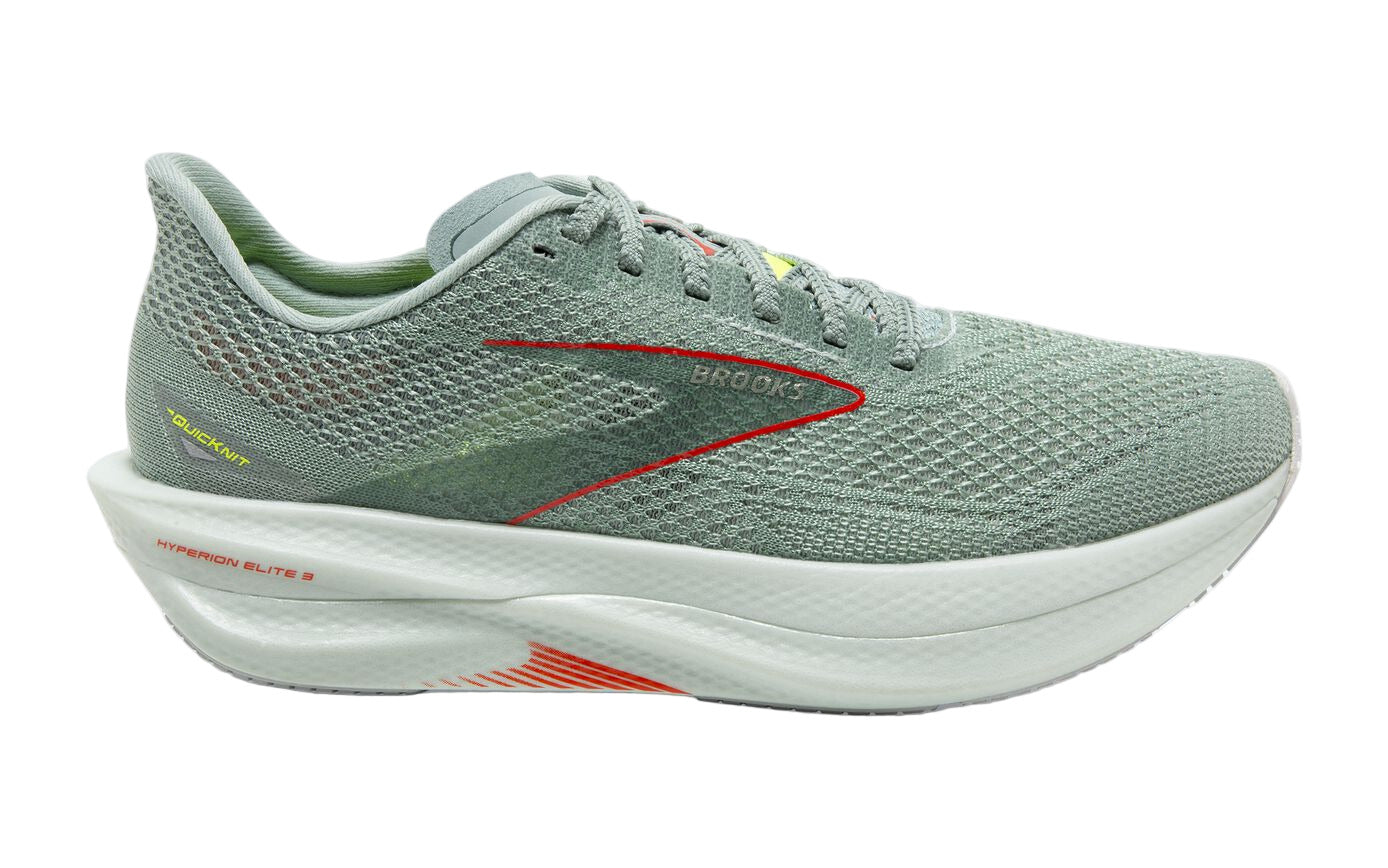 Men's Brooks Hyperion Elite 3 running shoe in gray with orange and green accents.
