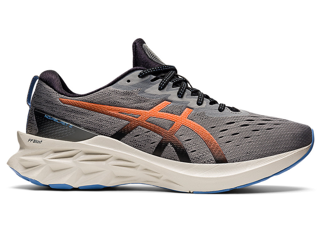 Men's Asics Novablast 2, Clay Grey/Shocking Orange, 12.5 D Medium