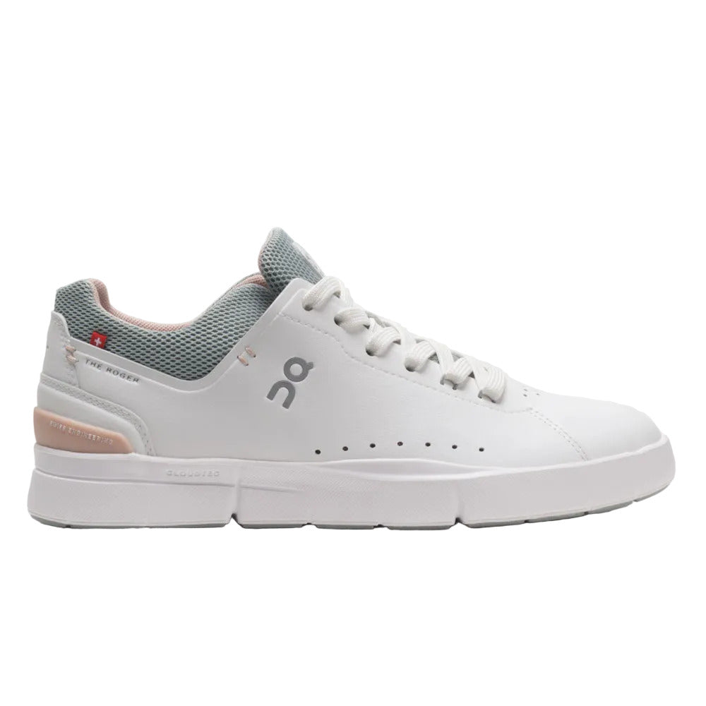 Side view on white background of Womens On The Roger Advantage running shoe in White/Rose, Medium (Regular) width