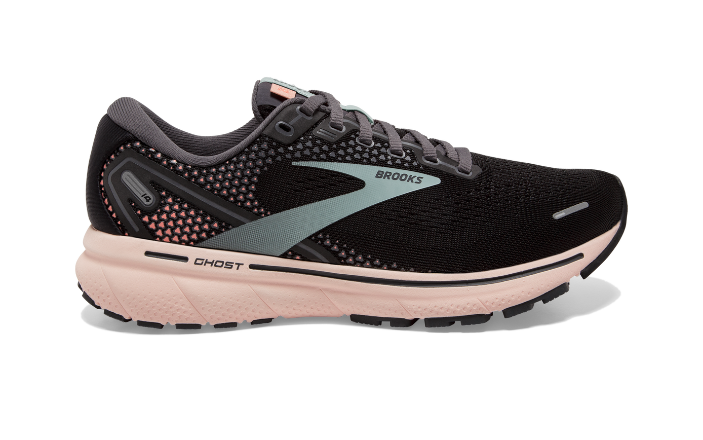 Women's Brooks Ghost 14, Black/Pearl/Peach, 12 D Wide