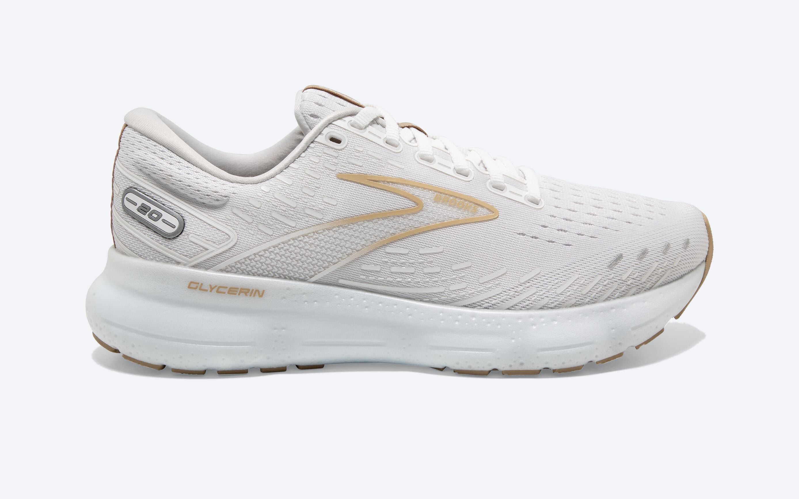 Women's Brooks Glycerin 20, White/Khaki, 6 B Medium