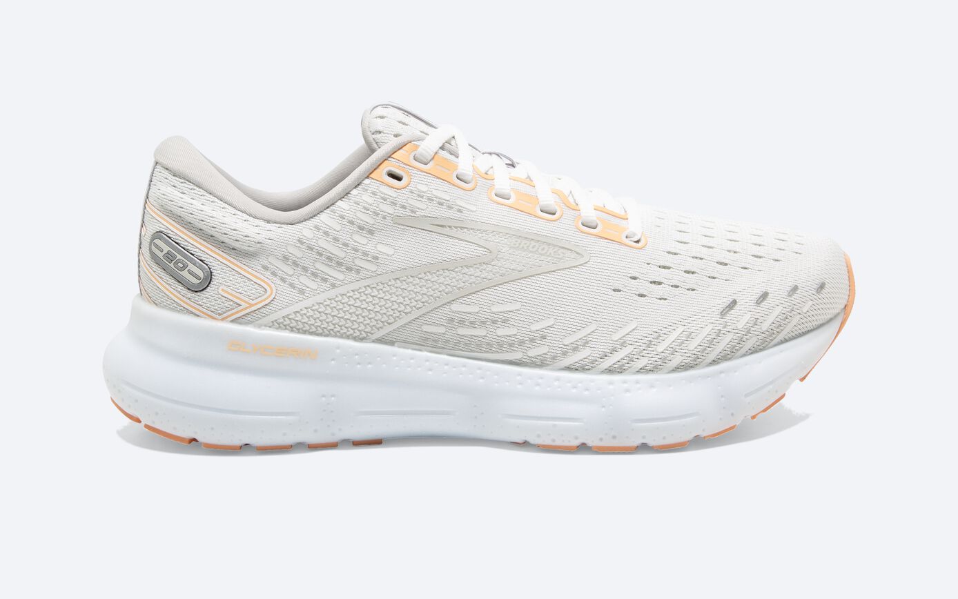 Women's Brooks Glycerin 20, White/Grey/Peach, 9 B Medium