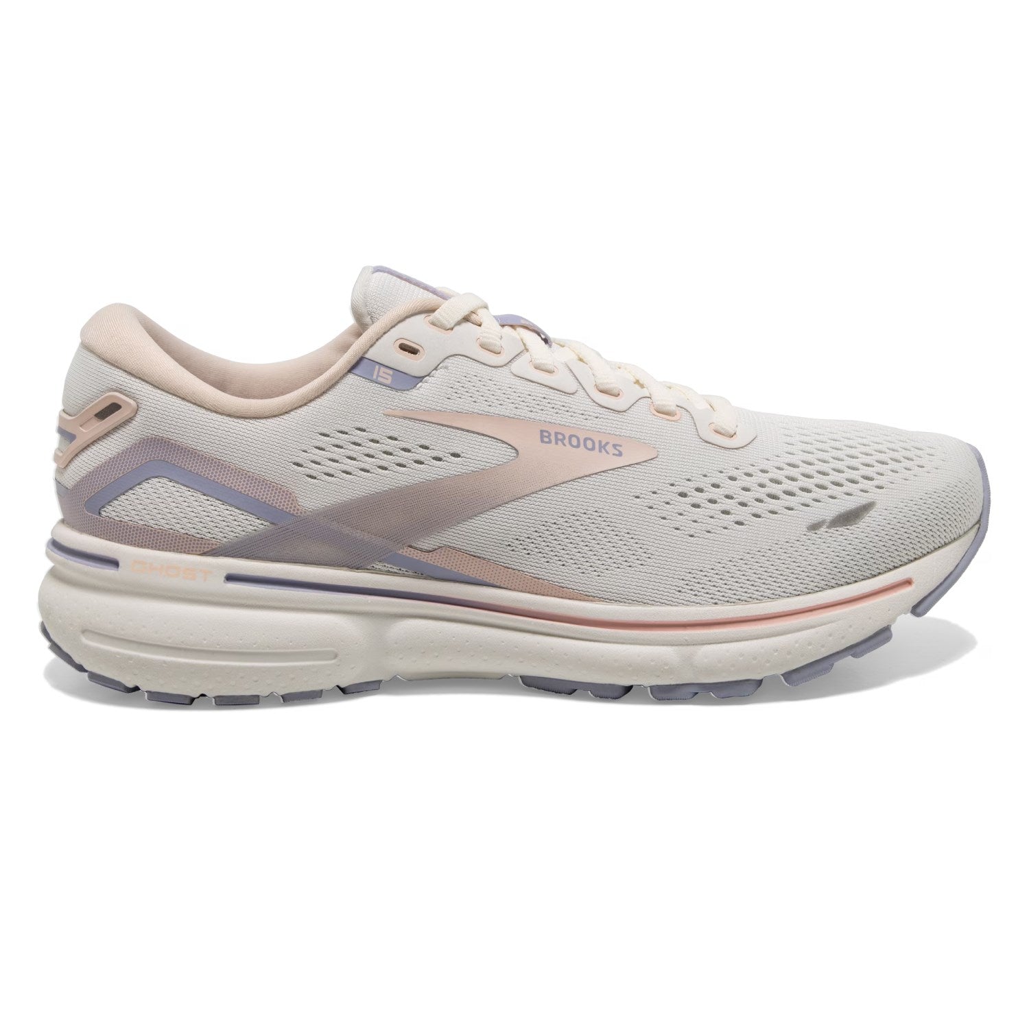 Women's Brooks Ghost 15, Snow White/Blush/Cosmic Sky, 7.5 B Medium