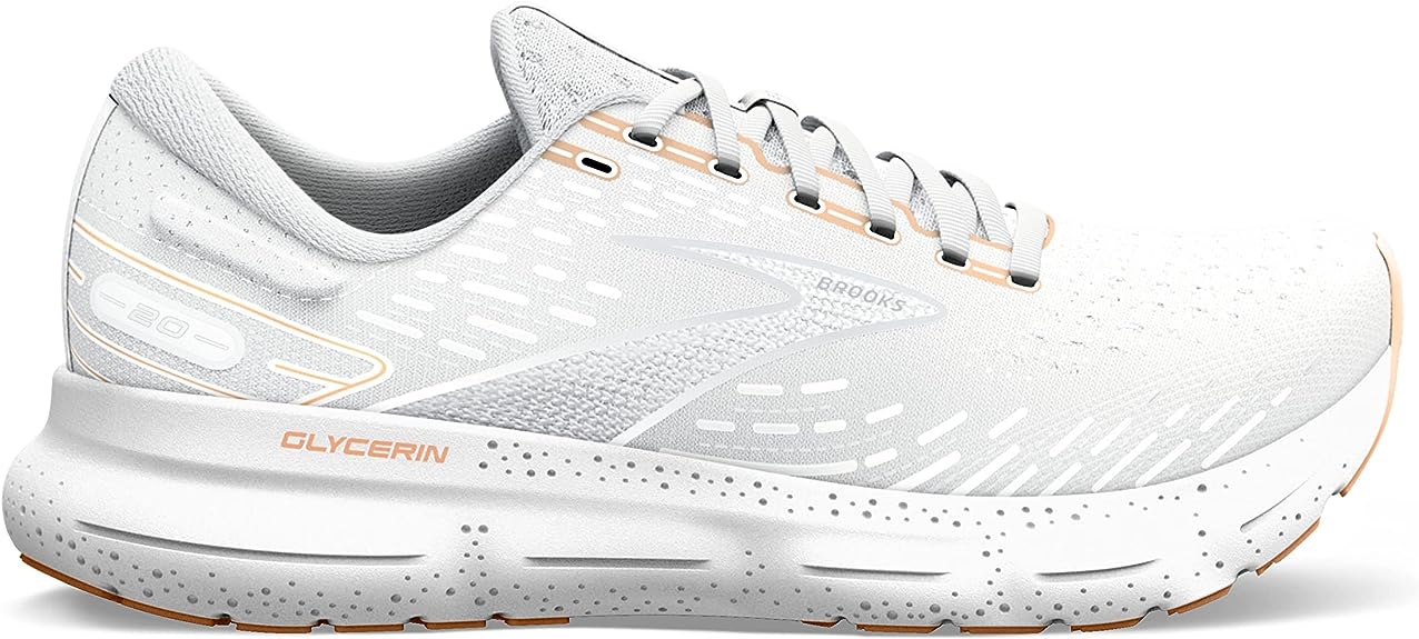 Women's Brooks Glycerin 20, White/Grey/Peach, 7 B Medium