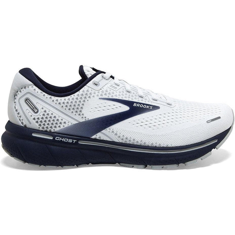 Men's Brooks Ghost 14, White/Grey/Navy, 9 D Medium