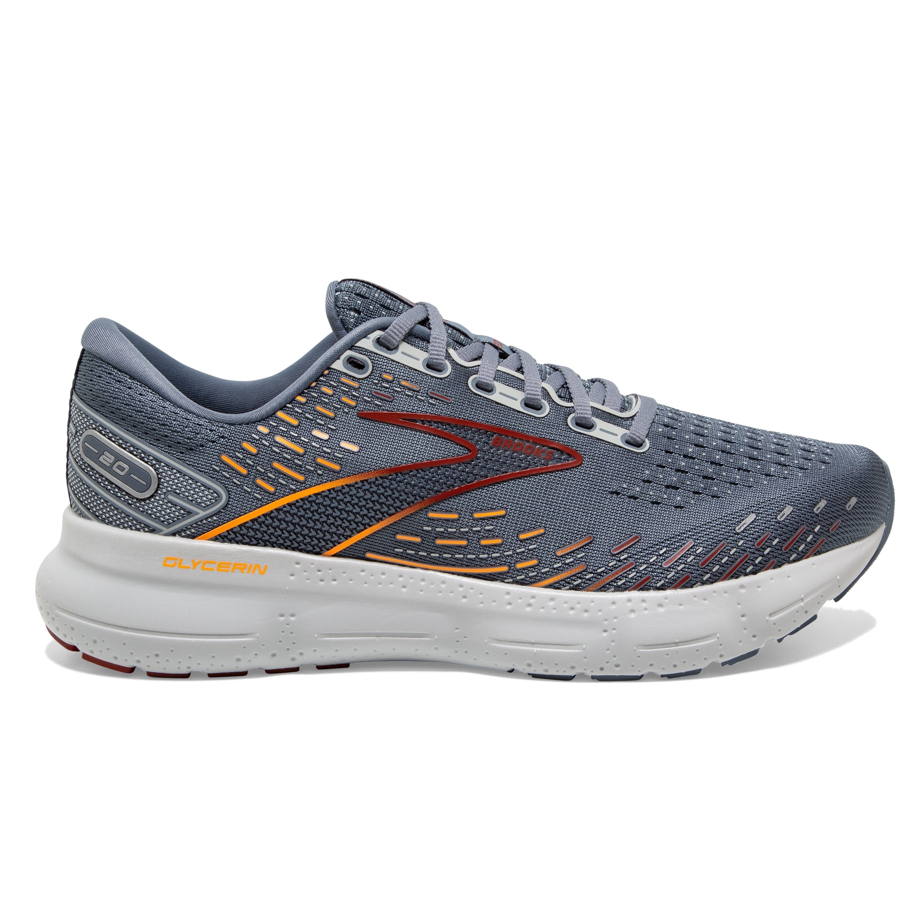 Men's Brooks Glycerin 20, Grey/Chili Oil/Orange, 9.5 D Medium