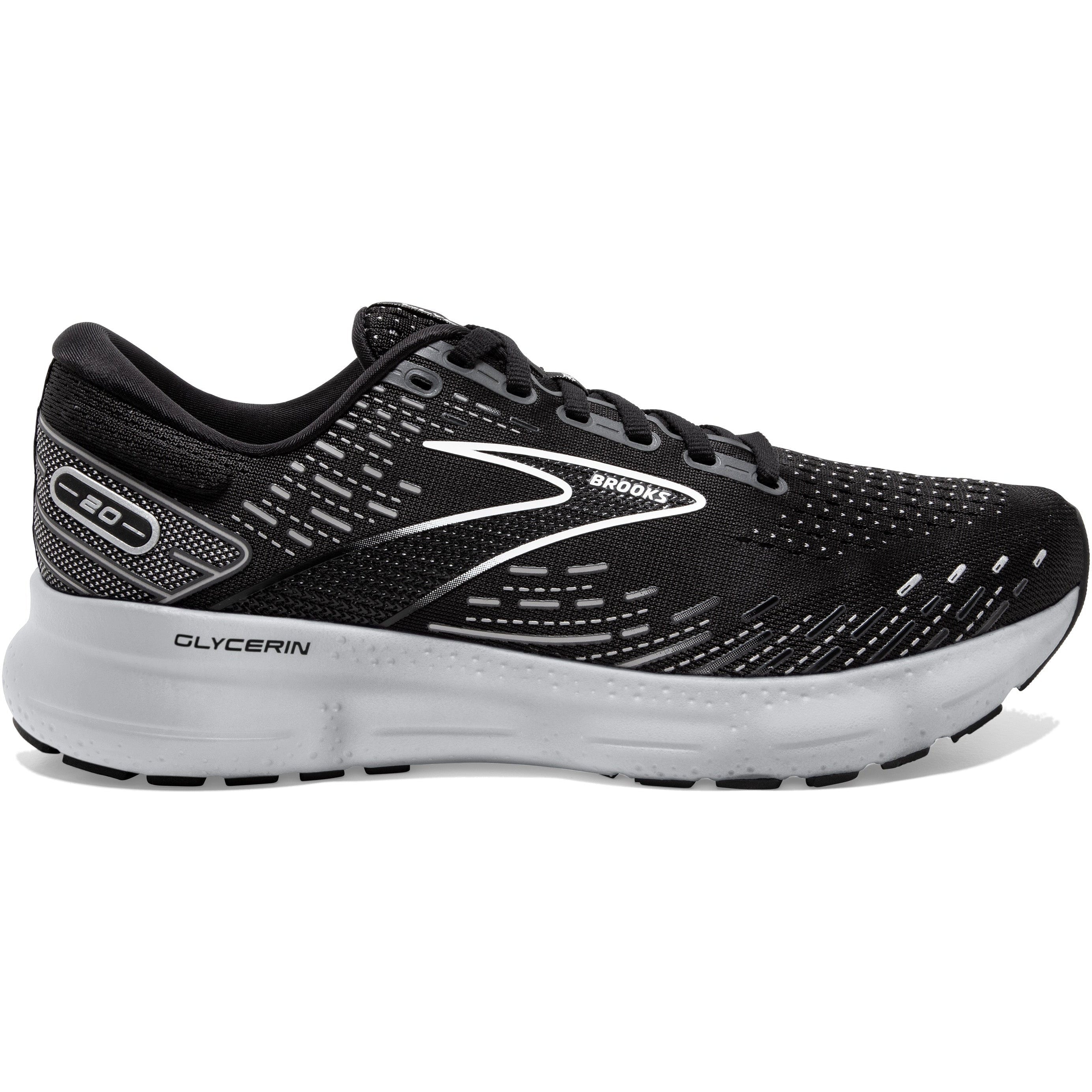Men's Brooks Glycerin 20, Black/White/Alloy, 13 2E Wide