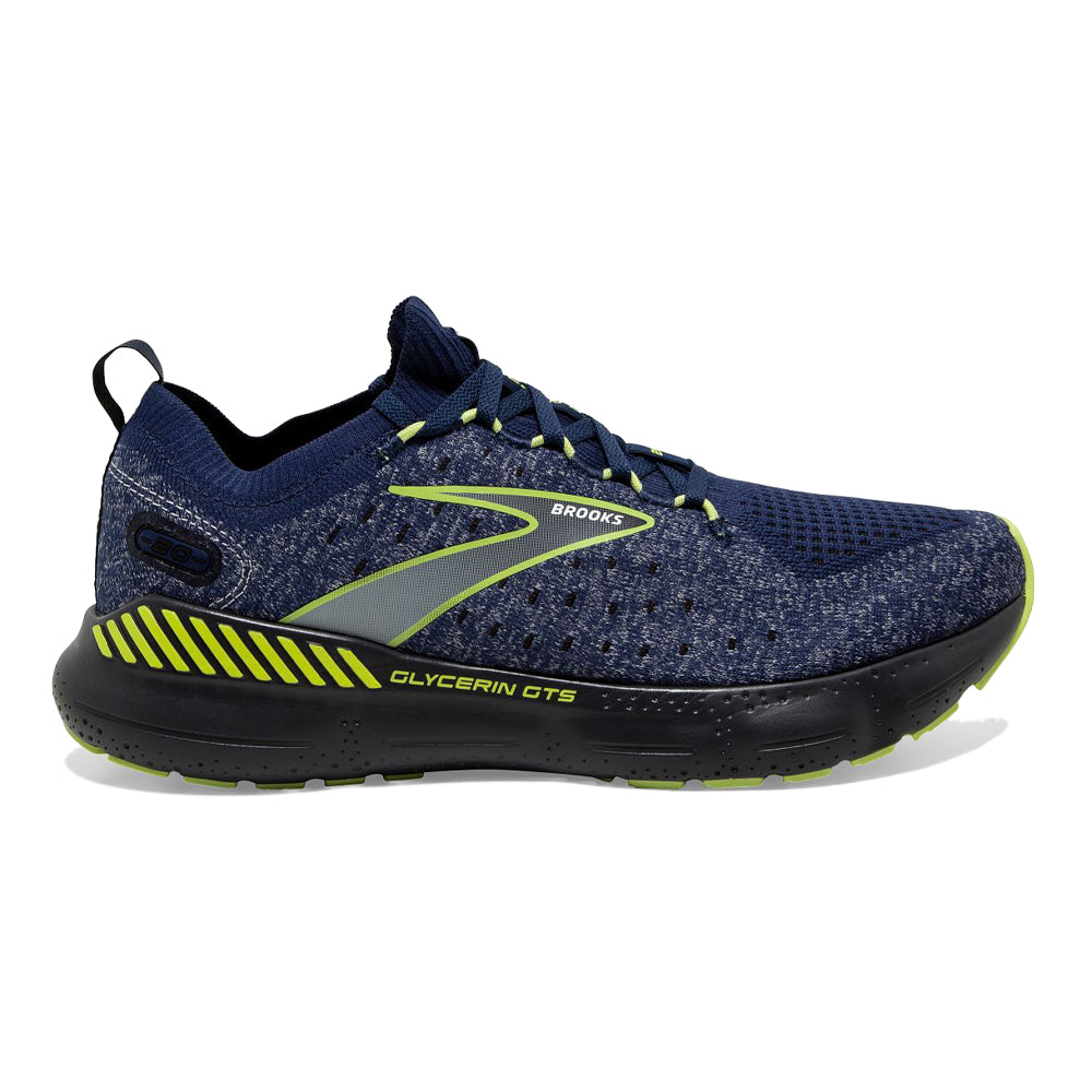 Men's Brooks Glycerin StealthFit GTS 20, Blue/Ebony/Lime, 7 D Medium