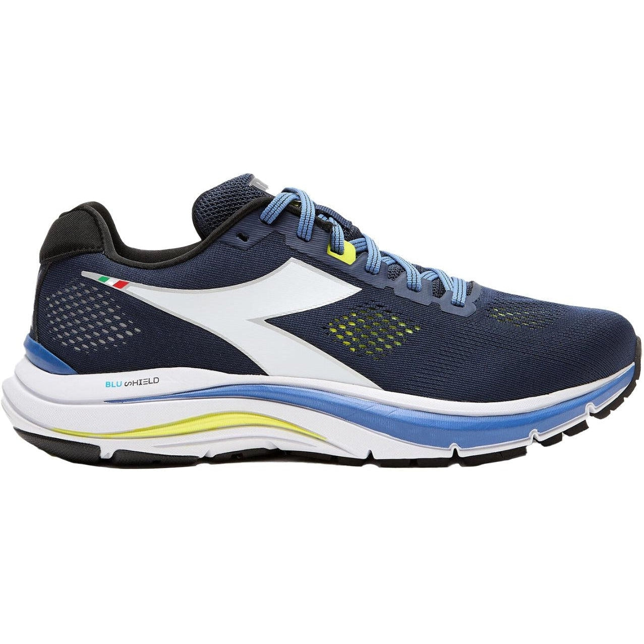 Men's Diadora Mythos Blushield 7 Vortice, Black Iris/White/Neon Yellow, 11 D Medium