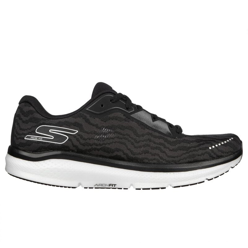 Side view on white background of Mens Skechers Go Run Ride 10 running shoe in Black/White, Medium (Regular) width