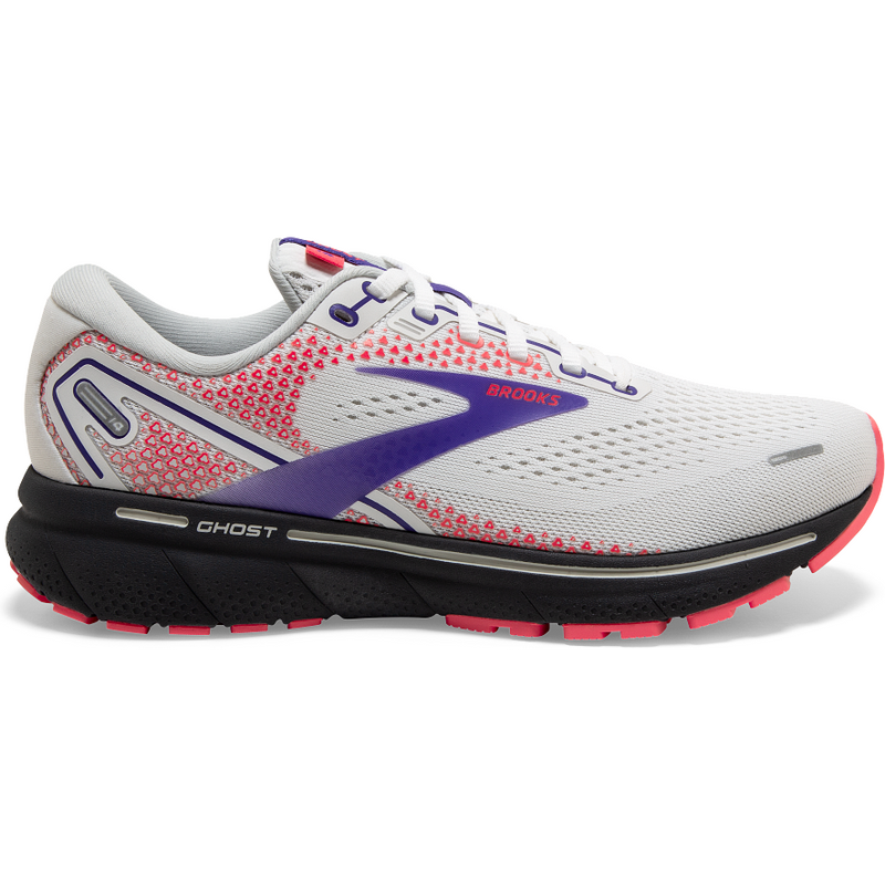Women's Brooks Ghost 14, White/Purple/Coral, 9 B Medium