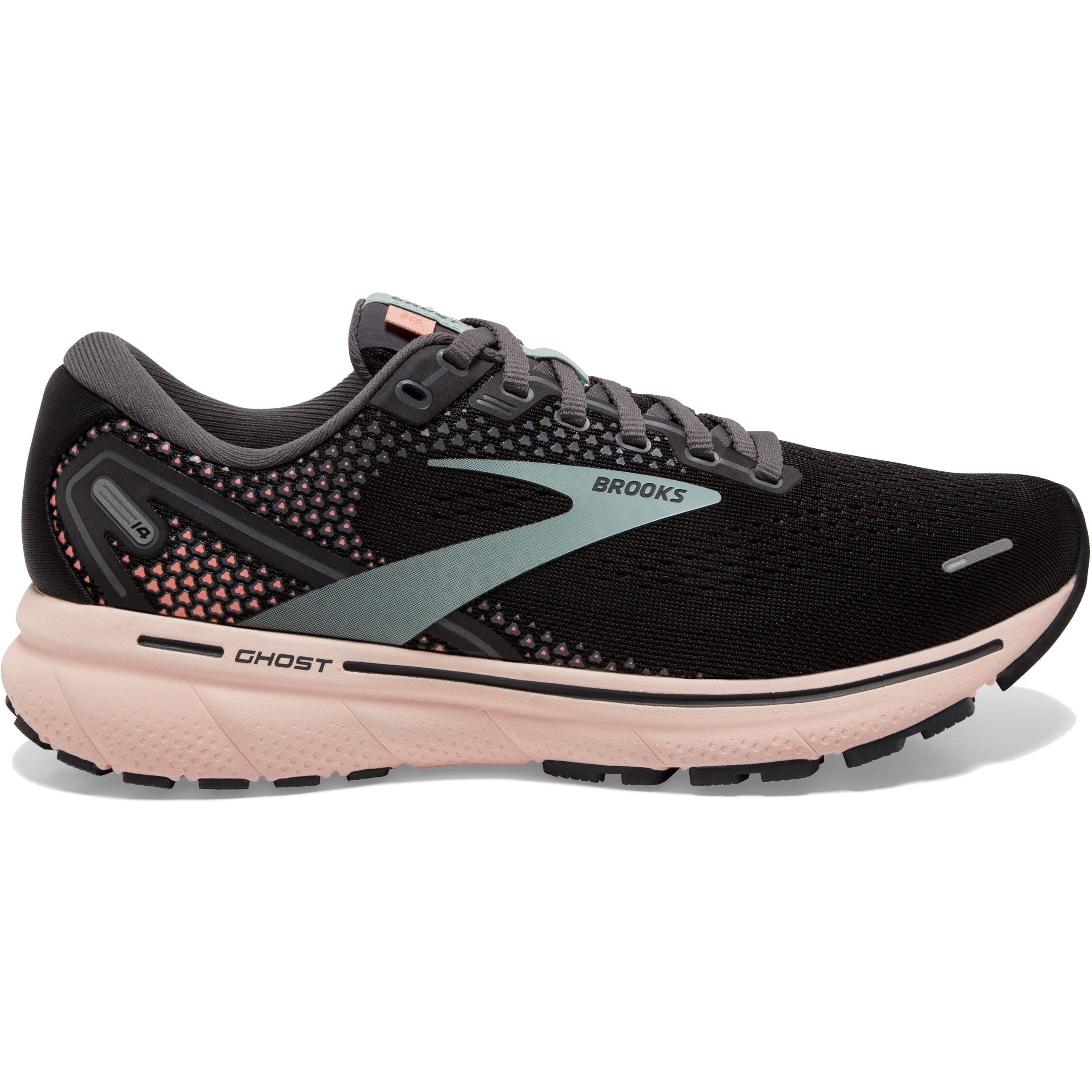 Women's Brooks Ghost 14, Black/Pearl/Peach, 8 B Medium