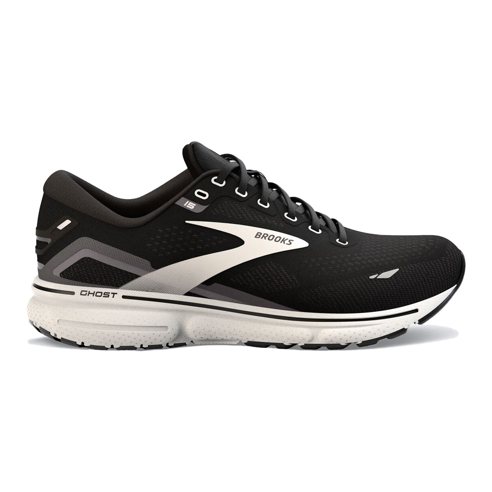 Women's Brooks Ghost 15, Black/Blackened Pearl/White, 13 D Wide