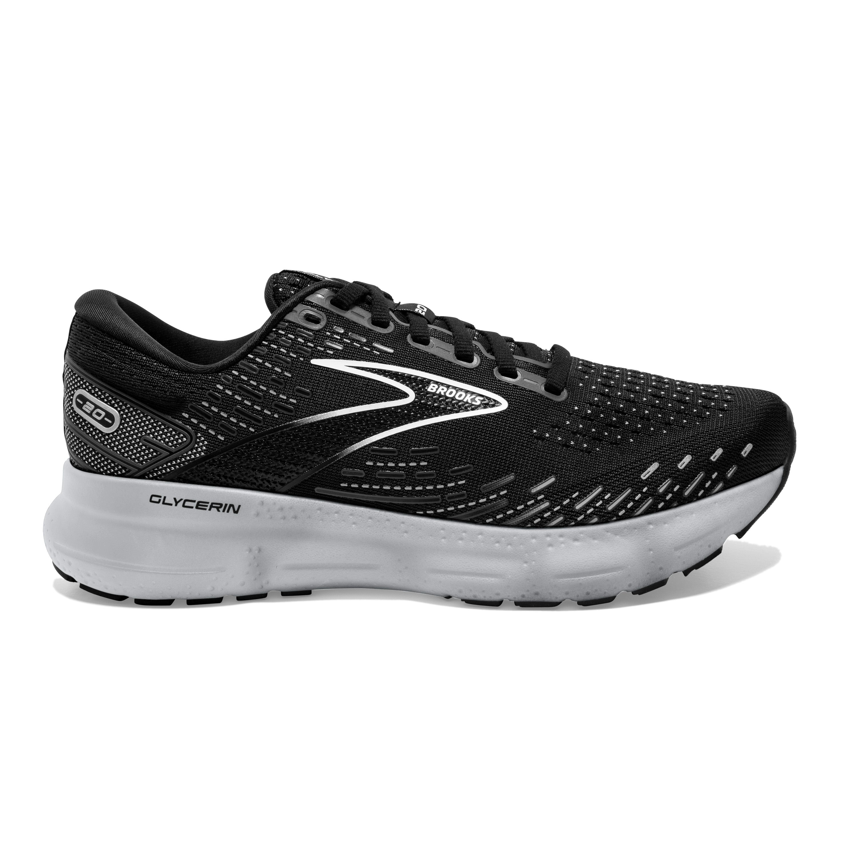 Women's Brooks Glycerin 20, Black/White/Alloy, 12 B Medium