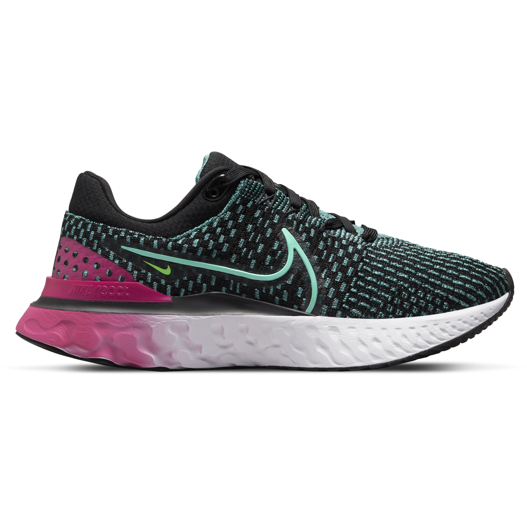 Women's Nike React Infinity Run Flyknit 3, Black/Dynamic Turquoise-Pink Prime, 7 B Medium