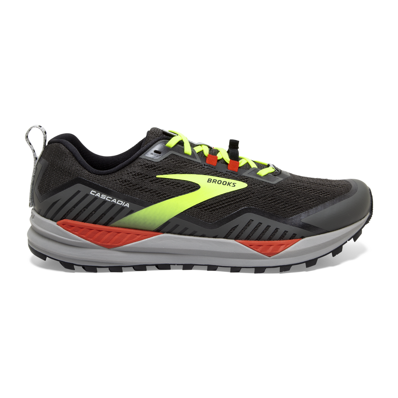 Men's Brooks Cascadia 15, Black/Raven/Cherry Tomato, 8 2E Wide