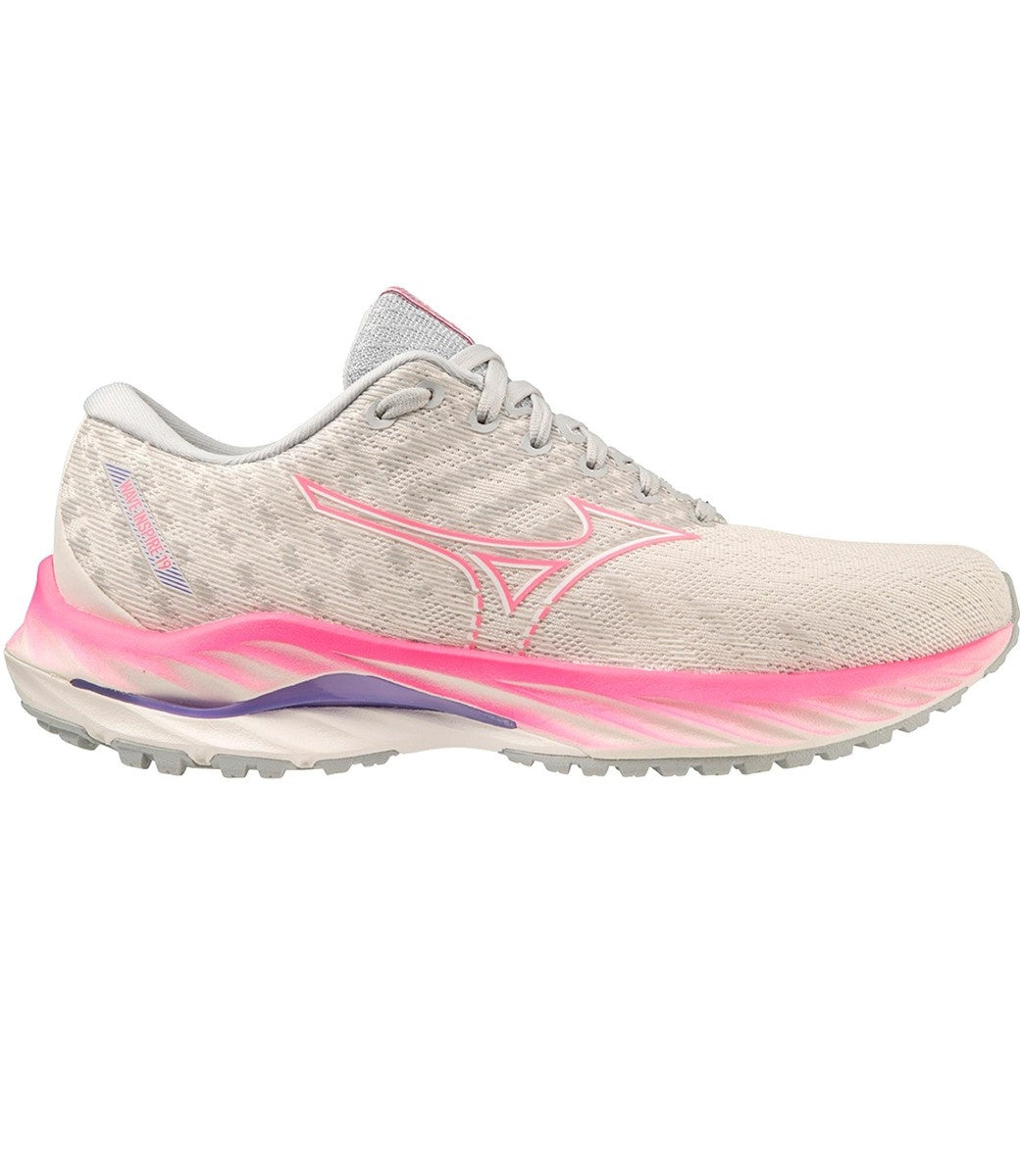 Women's Mizuno Wave Inspire 19, Snow White/High Vis Pink, 8 B Medium