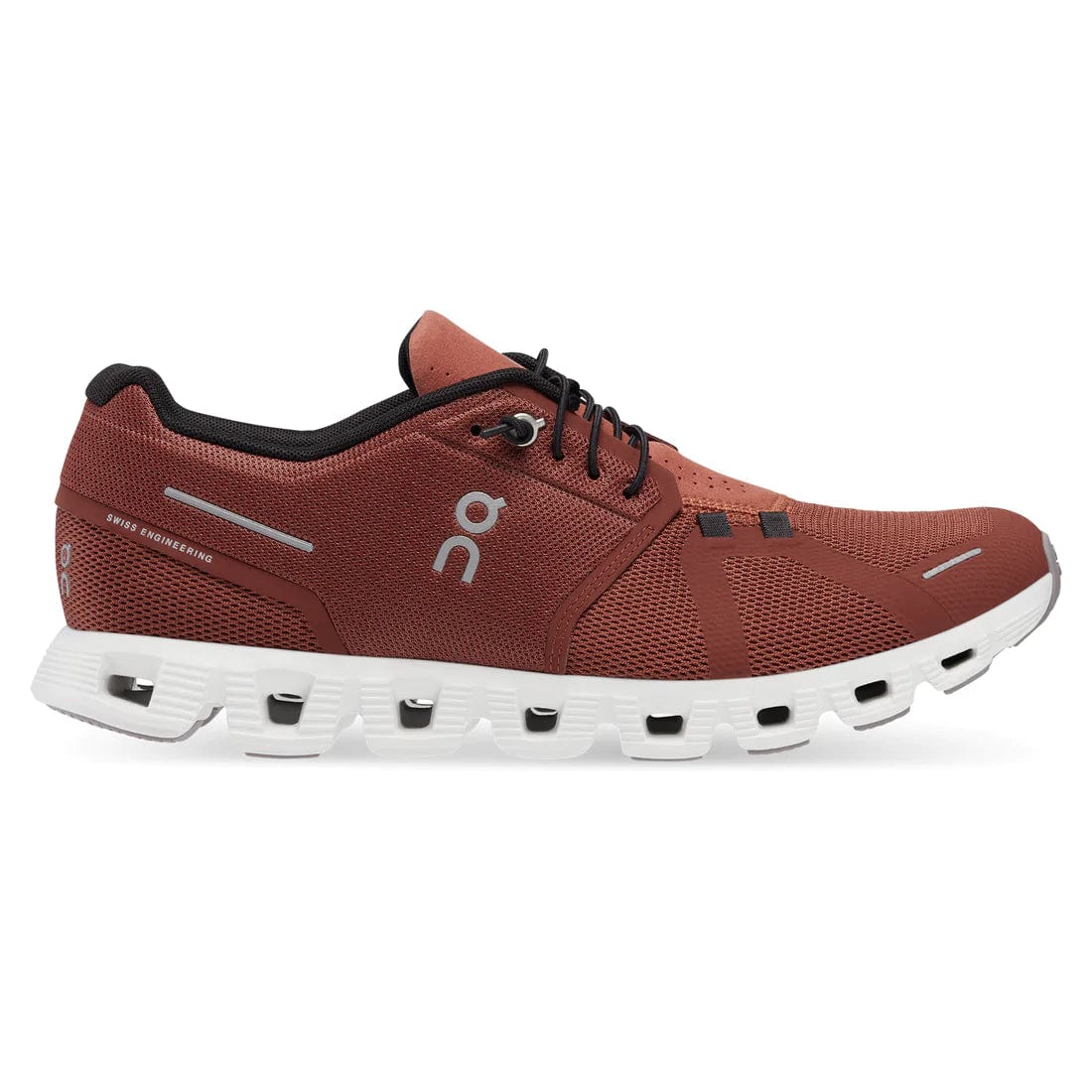 Side view on white background of Mens On Cloud 5 running shoe in Ruby/Rust, Medium (Regular) width