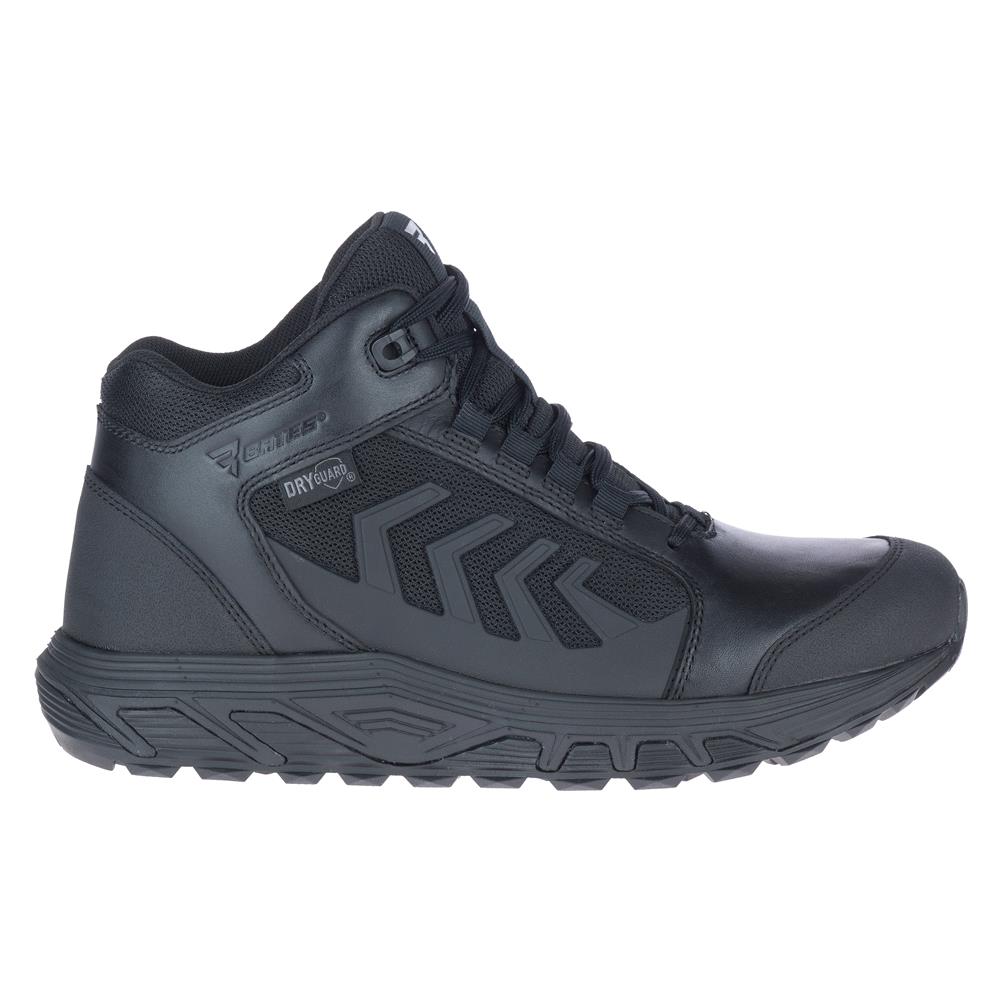 Side view on white background of Mens Bates Rush Shield running shoe in Black, Wide width