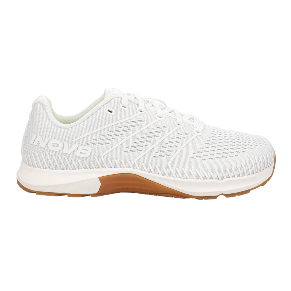Side view on white background of Womens Inov8 F-Fly running shoe in White/Gum, Medium (Regular) width