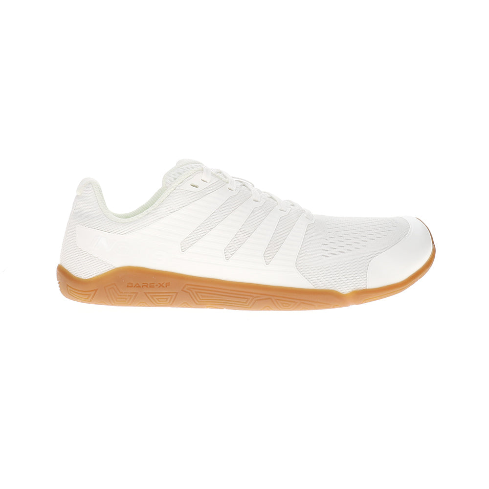 Side view on white background of Mens Inov8 Bare-XF running shoe in White/Gum, Wide width