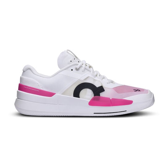 Side view on white background of Womens On The Roger Pro 2 Clay running shoe in Ice/Pink, Medium (Regular) width