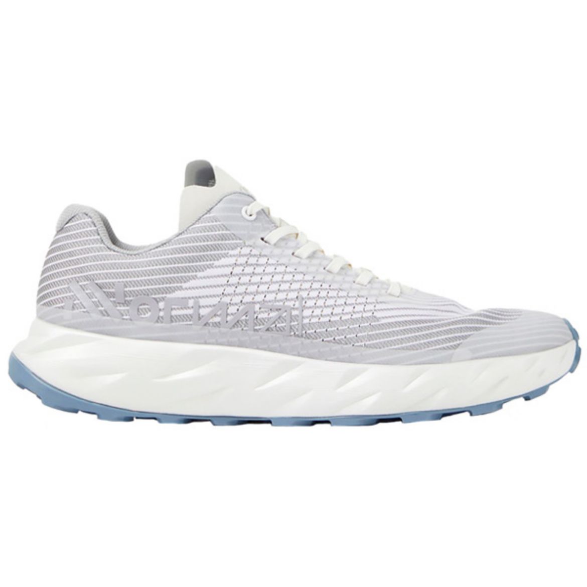 Side view on white background of Mens Nnormal Kjerag 01 running shoe in White/Grey, Medium (Regular) width