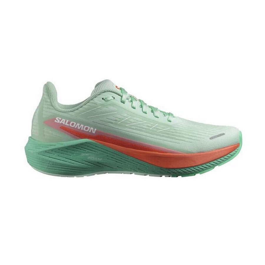Side view on white background of Womens Salomon Aero Blaze 2 running shoe in Bay/Cherry Tomato/Electric Green, Medium (Regular) width