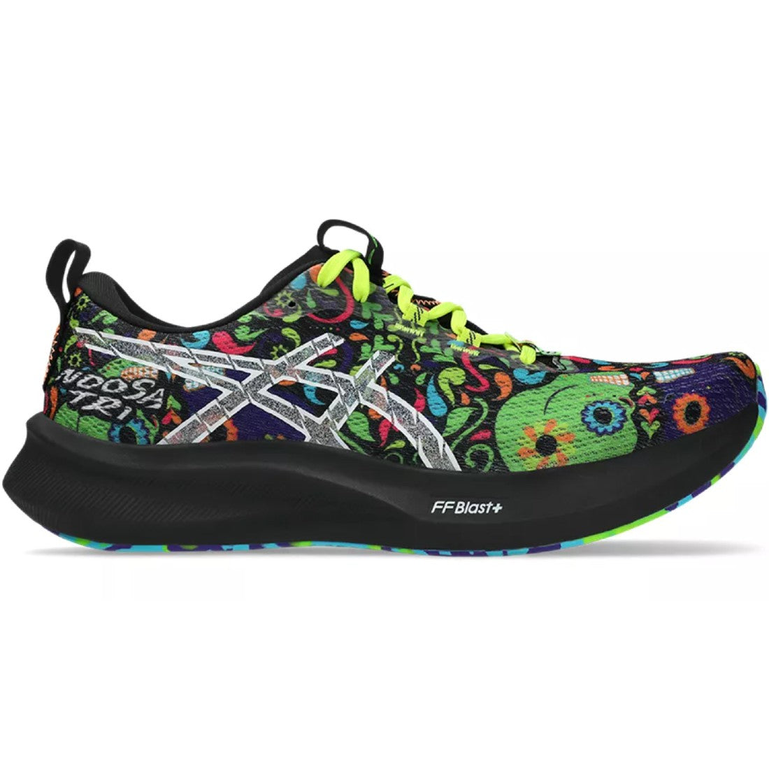 Asics Noosa Tri 16 Mens running shoes in Black/Green Gecko - side view on white background