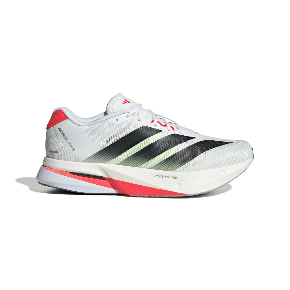 Side view on white background of Mens Adidas Adizero Boston 13 running shoe in Ftwr White/Core Black/Lucid Red, Medium (Regular) width