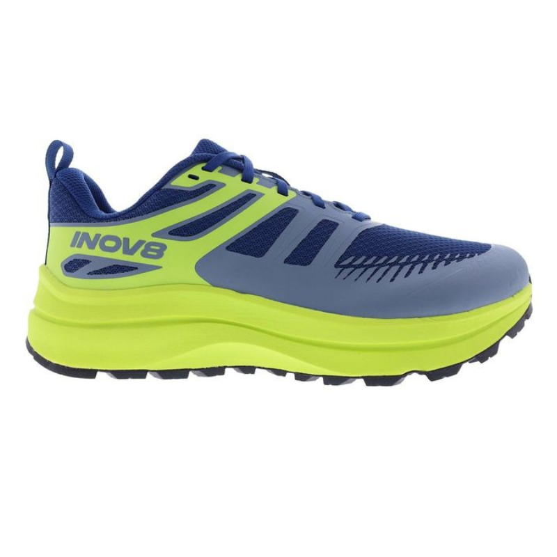 Side view on white background of Mens Inov8 TrailFly Max running shoe in Blue/Lime/Black, Medium (Regular) width