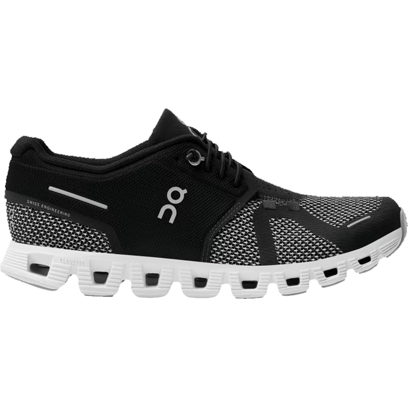 Side view on white background of Womens On Cloud 5 Combo running shoe in Black/Alloy, Medium (Regular) width