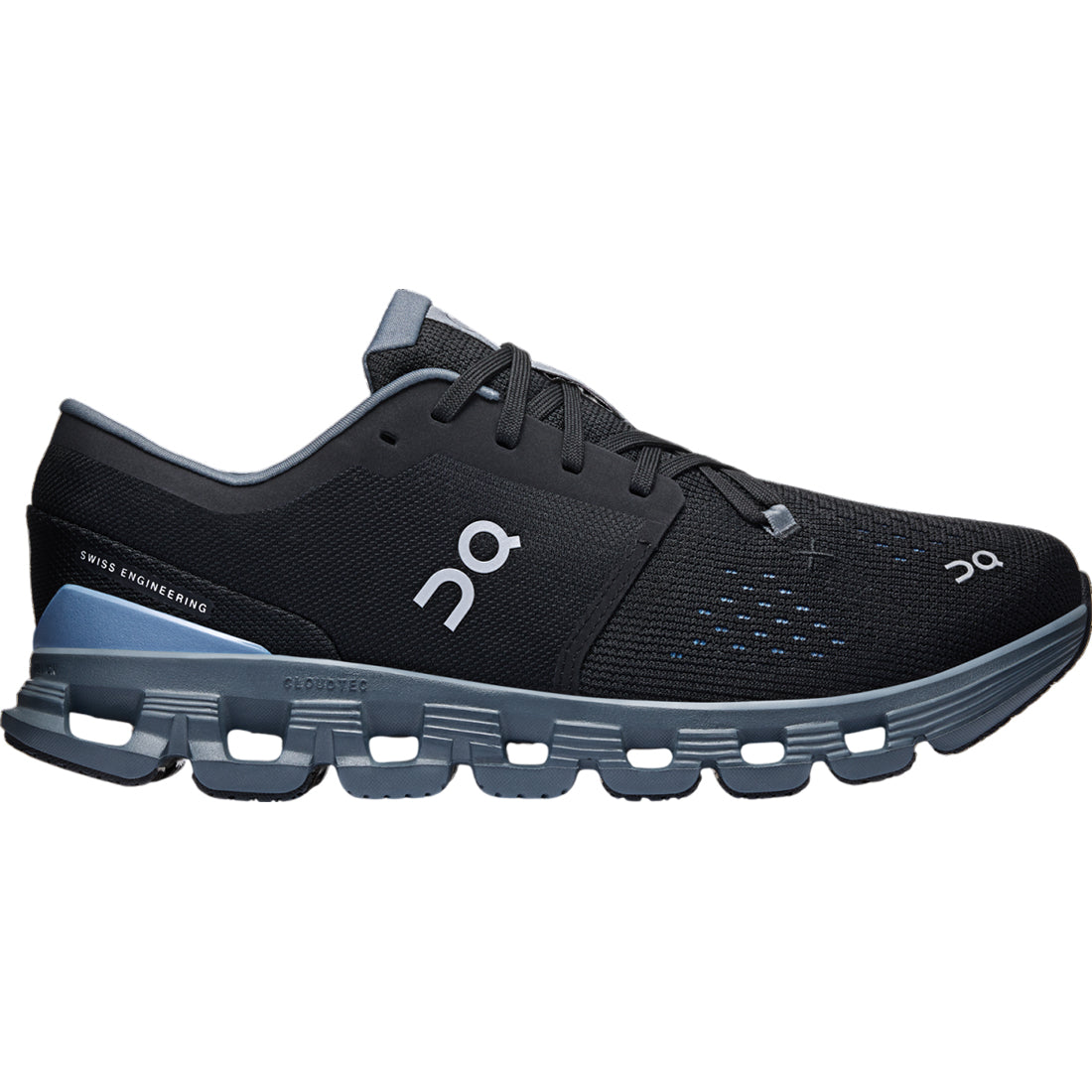 Side view on white background of Mens On Cloud X 4 running shoe in Black/Chambray, Medium (Regular) width