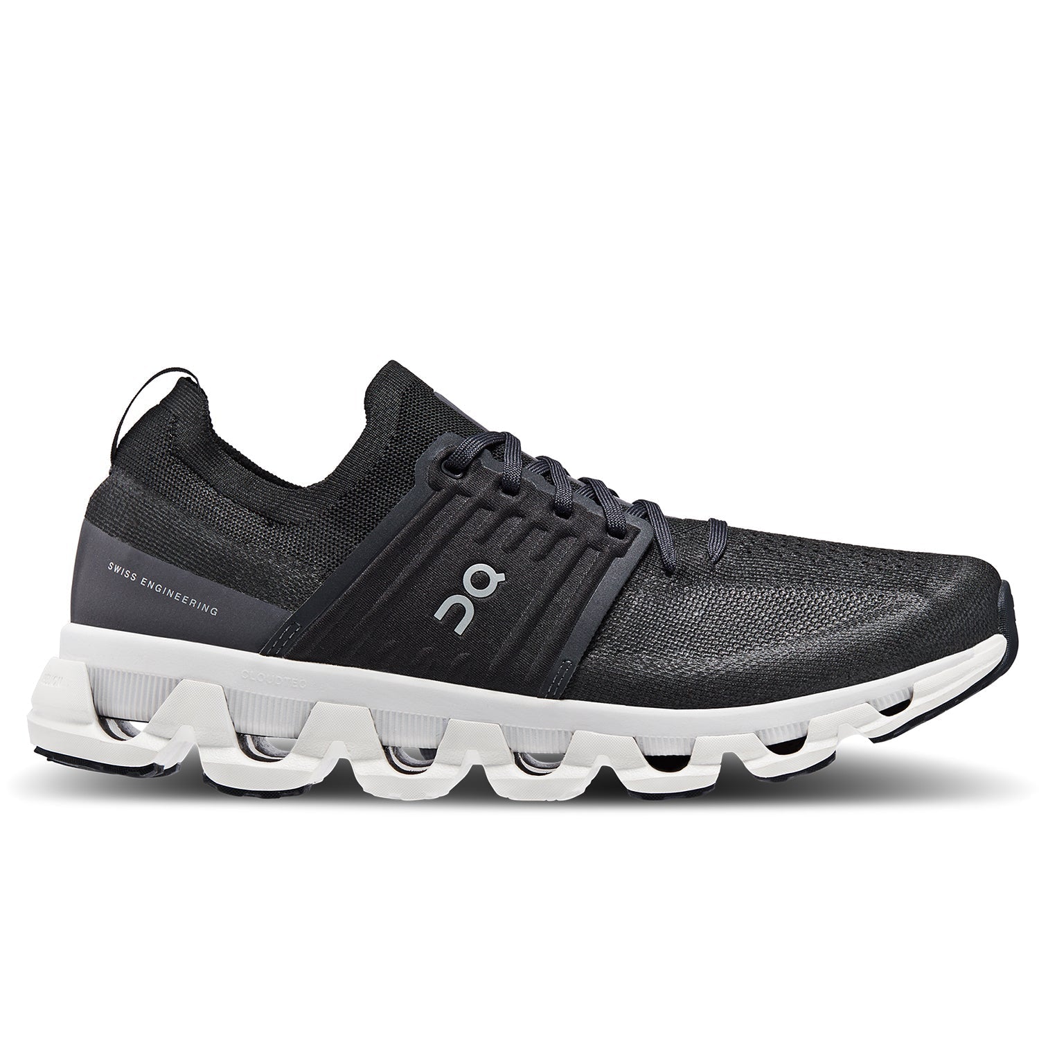 Side view on white background of Mens On Cloudswift 3 running shoe in All Black, Medium (Regular) width