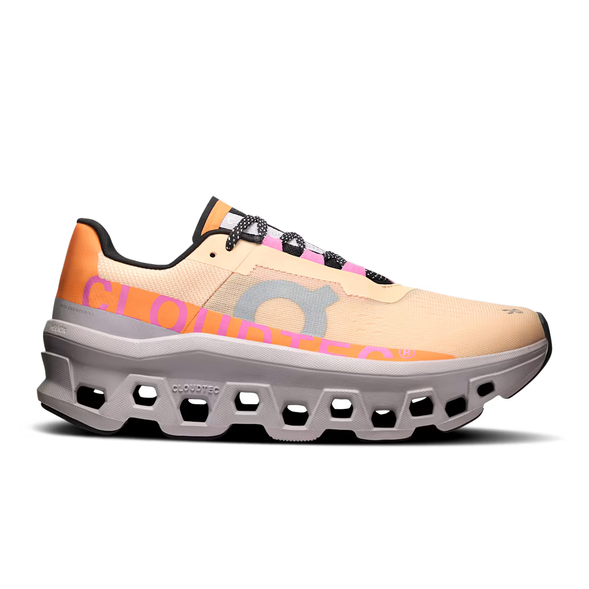 Side view on white background of Womens On Cloudmonster running shoe in Blonde/Fade, Medium (Regular) width