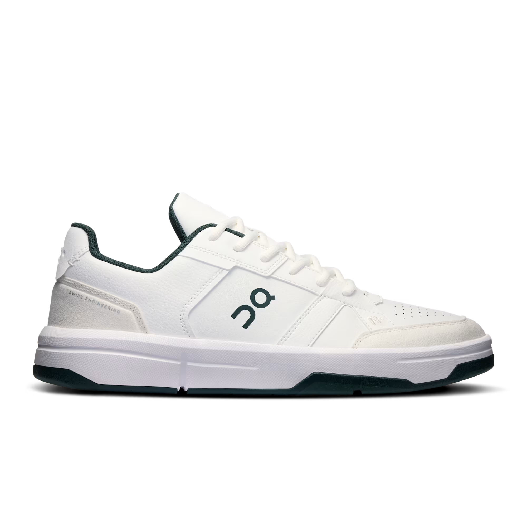 Side view on white background of Mens On The Roger Clubhouse 3 running shoe in White/Evergreen, Medium (Regular) width
