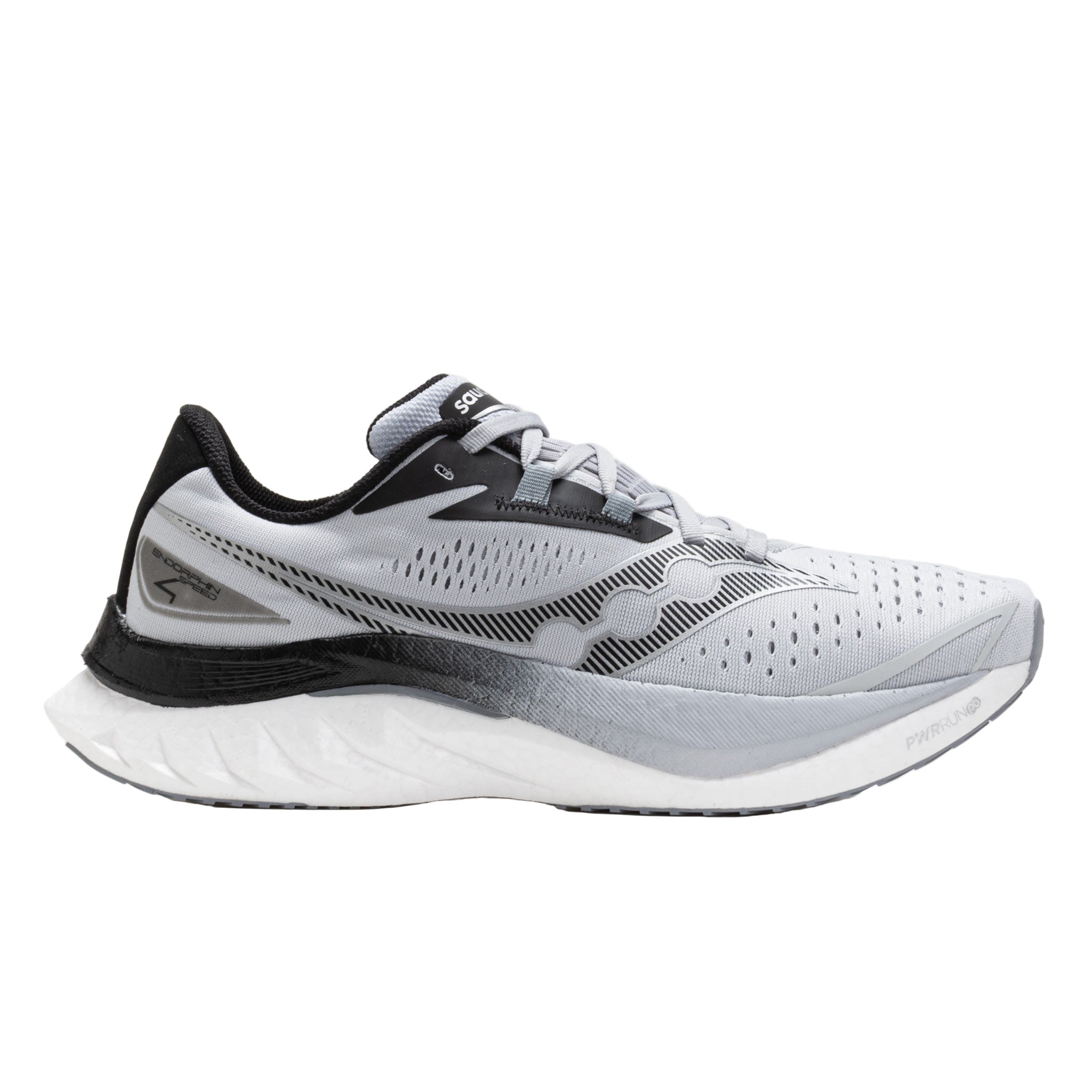 Side view on white background of Mens Saucony Endorphin Speed 4 running shoe in Cloud, Medium (Regular) width